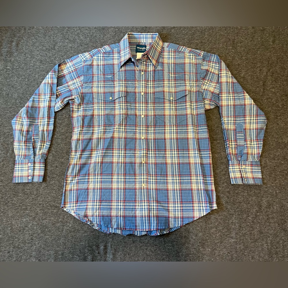 WRANGLER Western Shirt Mens L Pearl Snap Red And Blue Striped Long Sleeve Cowboy